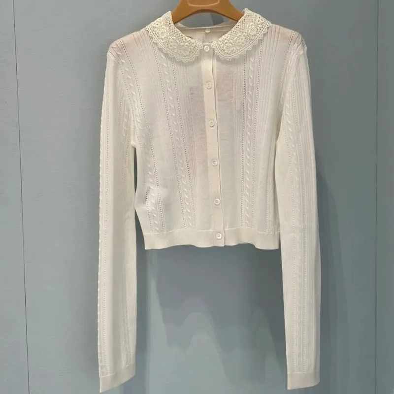 

2024 Spring Summer Fashion Women's High Quality White Cardigans Knitted Long-sleeves Jackets C912