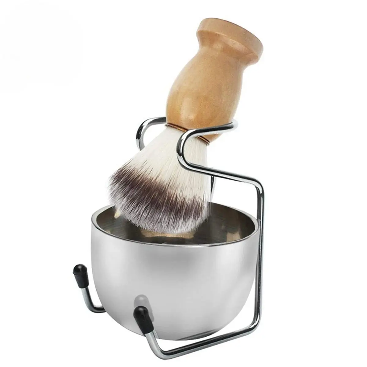 [N84R] Mens Shaving Brush and Bowl Set 3-in-1Wood Handle Shaving Brush Stainless Steel Shaving Bowl Brush Stand Salon Face Set