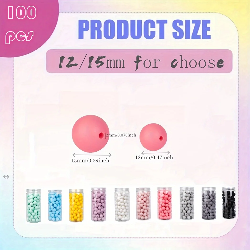 100 قطعة/صندوق 12/15 مللي متر مجموعة خرز السيليكون لسلسلة المفاتيح ، قلادة ، سوار الحبل صنع السائبة المستديرة المطاط سيليكون البؤري الخرز
