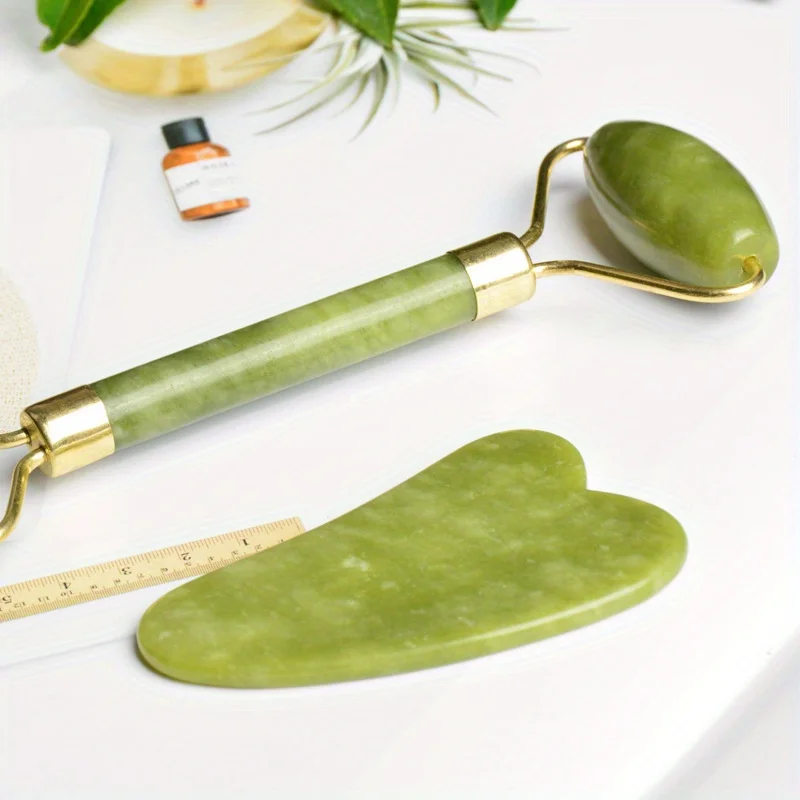 Jade Roller and Gua Sha Set - Dual Head Facial Massage Tool for Skin Care, De-puffing and Daily Beauty