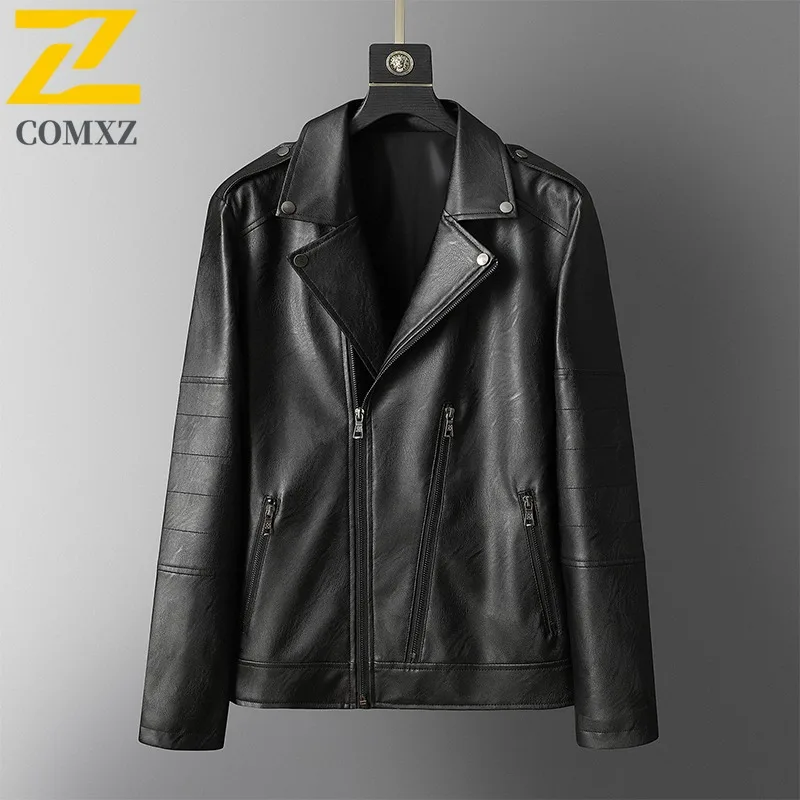 

COMXZ тонкий костюм с воротником из искусственной кожи, мужская куртка, осень 2023, приталенные куртки в корейском стиле, красивое мужское кожаное мотоциклетное пальто