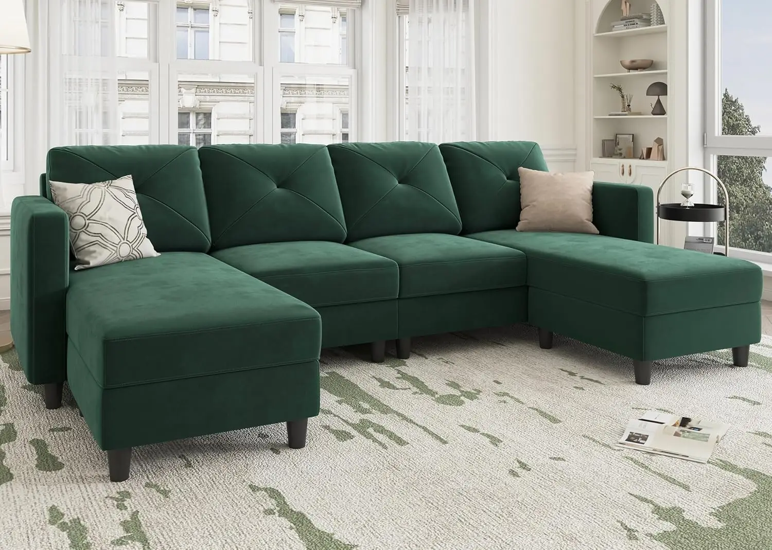 U Shaped Sectional Sofa Convertible Couch with Double Chaises 4 Seat Sofa with Two Ottomans Velvet Green