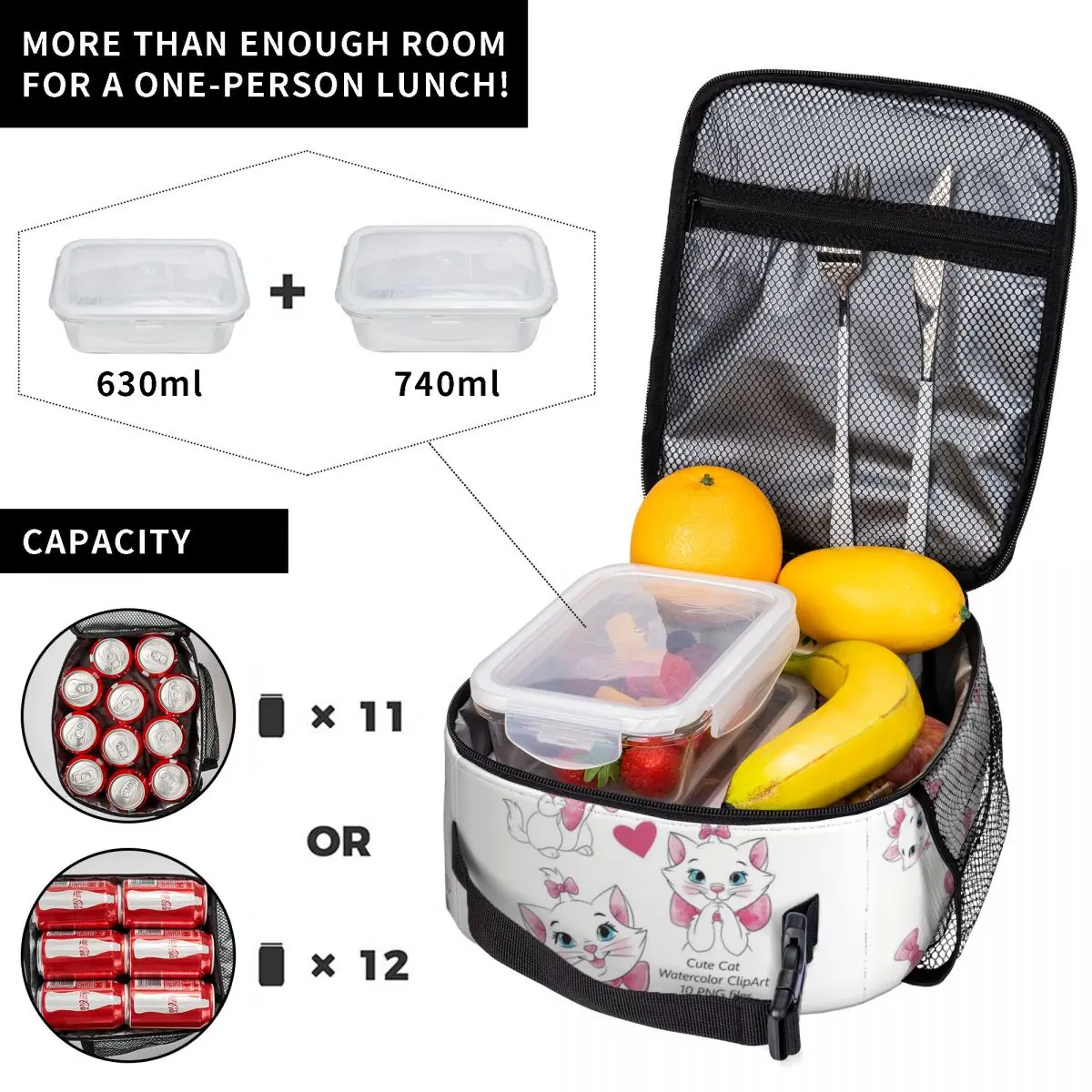 Custom Manga Resuable Lunch Box for Women Leakproof Marie Cat Collage Cooler Thermal Food Insulated Lunch Bag Kids School