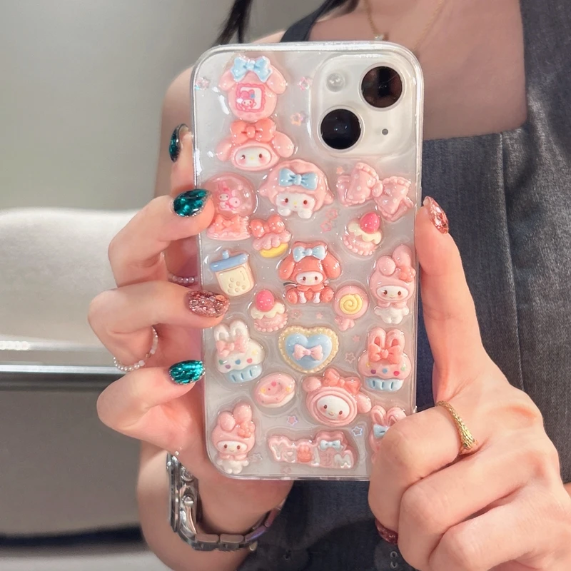 3D Cute Sanrio Y2K My Melody Kuromi Transparent Phone Case For iPhone 15 Pro Max 14 13 12 11 Pro Max Shockproof Soft Cover