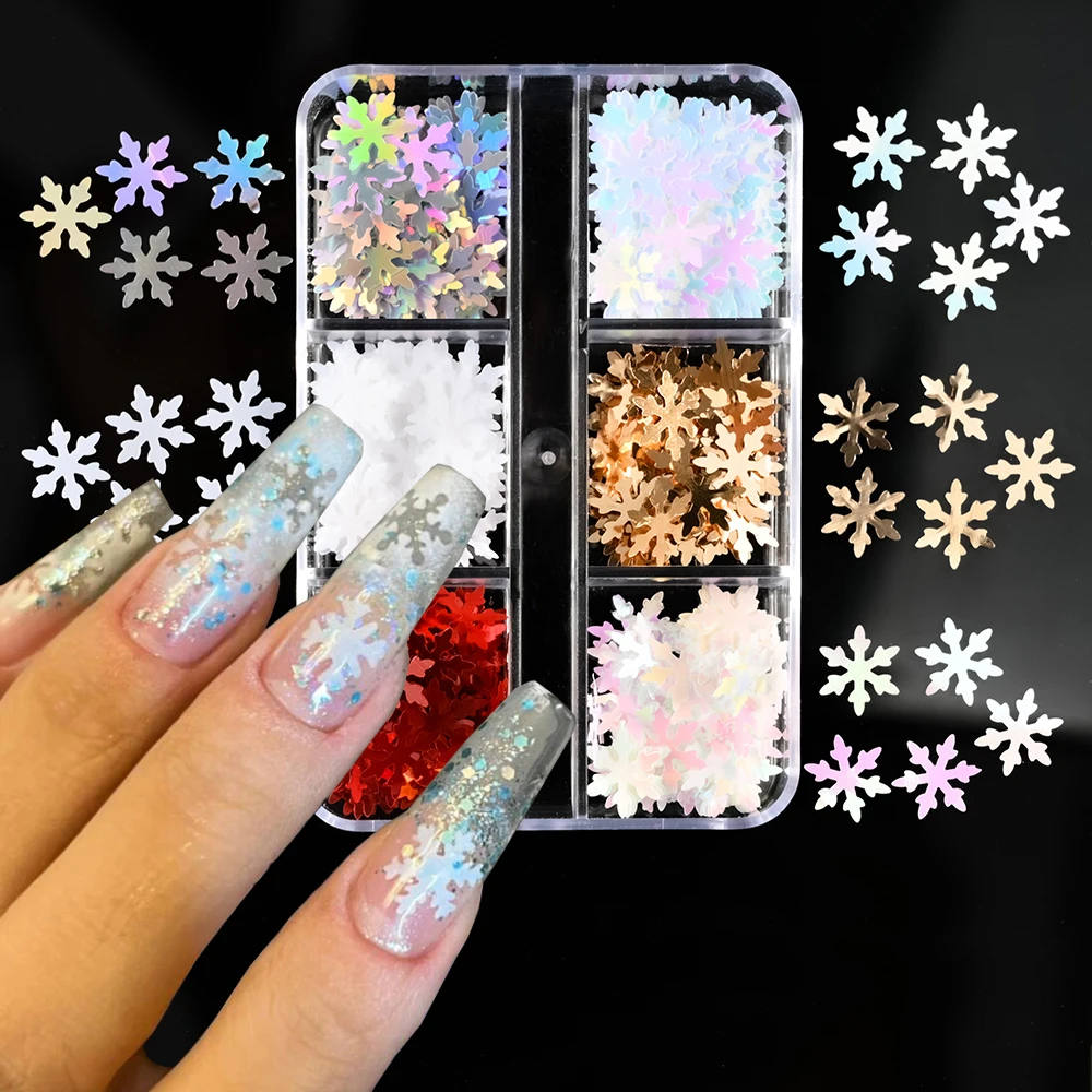 1Box Nail Sequin Christmas Nail Art Glitters Snowflake Sequin 3D Mixed Xmas Element Laser Hologram DIY Glitter For Festival Nail