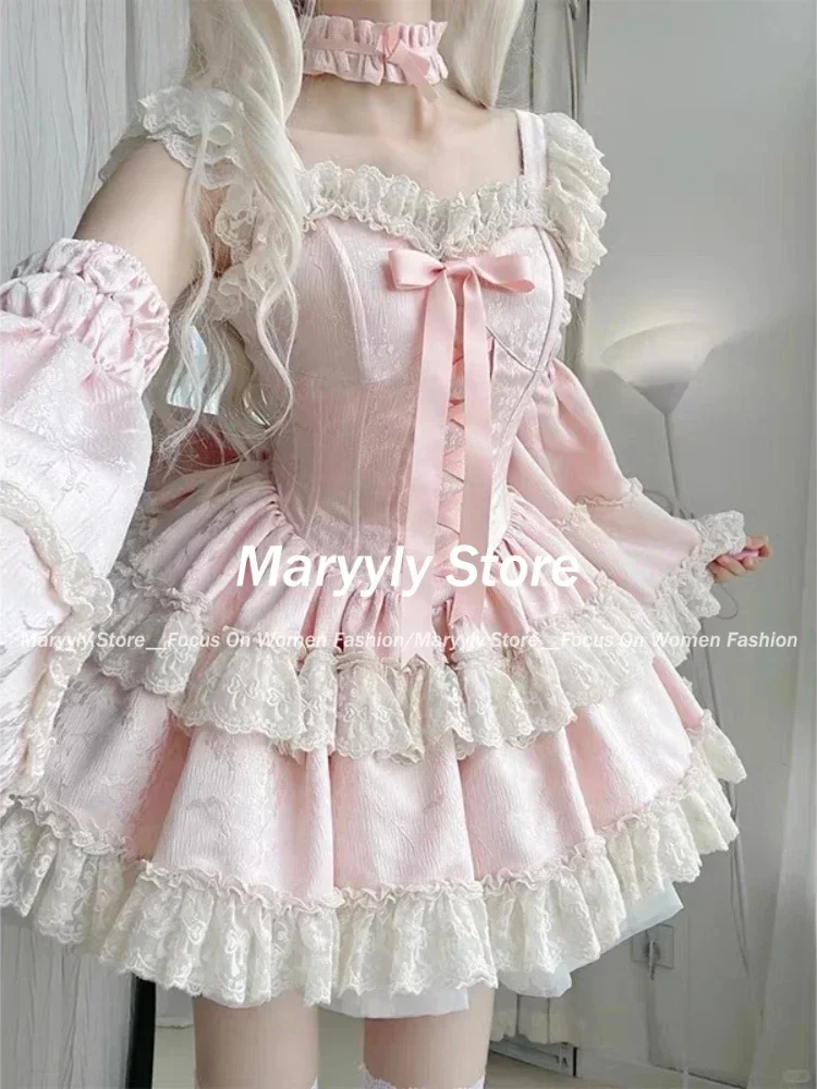 Japanese Sweet Lolita Style Princess Dress Women Kawaii Cute Lace Bow Slim Mini Dresses Elegant Y2k Harajuku Evening Party Dress