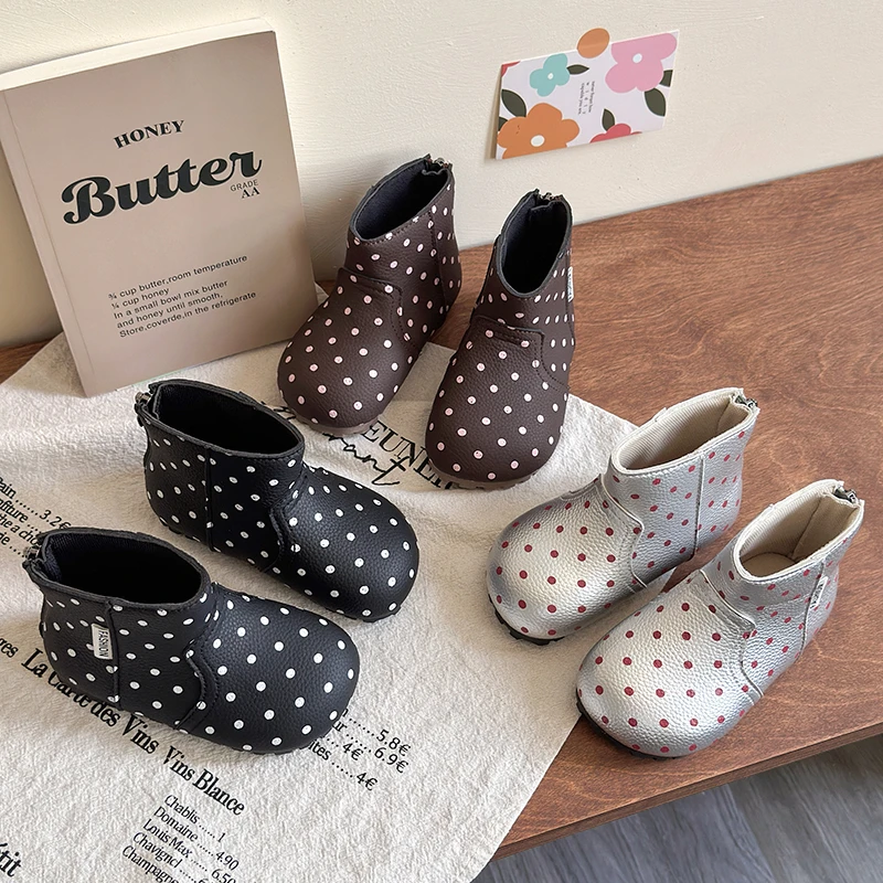 Toddler Girls PU Leather Boots with Polka Dot 2026 New Winter Kids Thermal Ankle Boots Non-slip Trendy Princess School Party