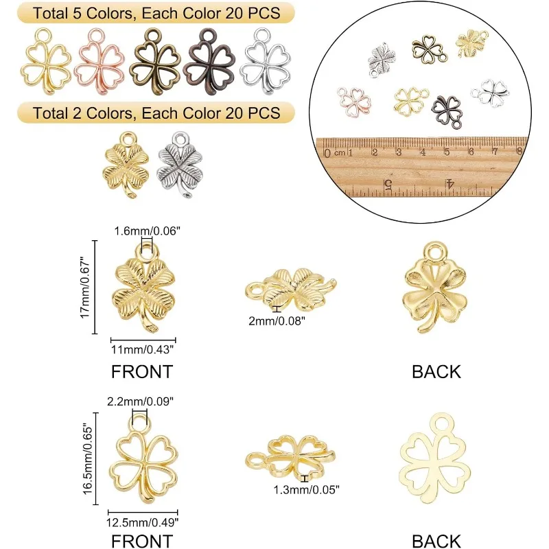 140 Stuks Klaver Bedels 7 Stijlen Vier Blad Hangers Geluksklaver Bedels Metaallegering Klaver Bedels Hart Blad Hangers