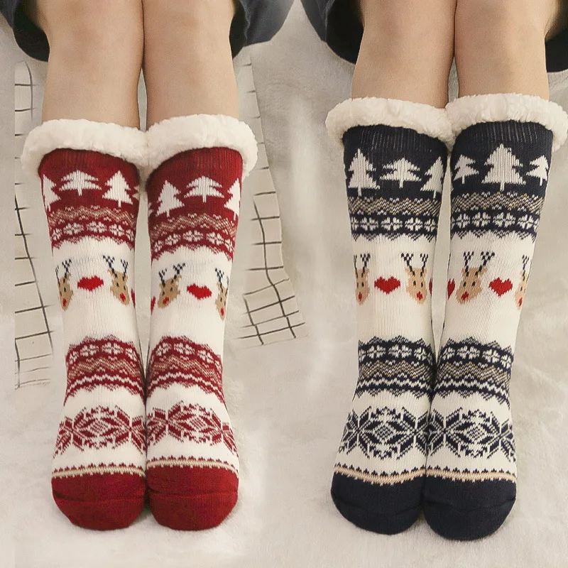 Calcetines de piso de Navidad para adultos, pantuflas cálidas para dormir en casa, cubiertas de piernas, calcetines de alfombra antideslizantes para mujeres, calcetines de nieve para dormir en casa, Invierno