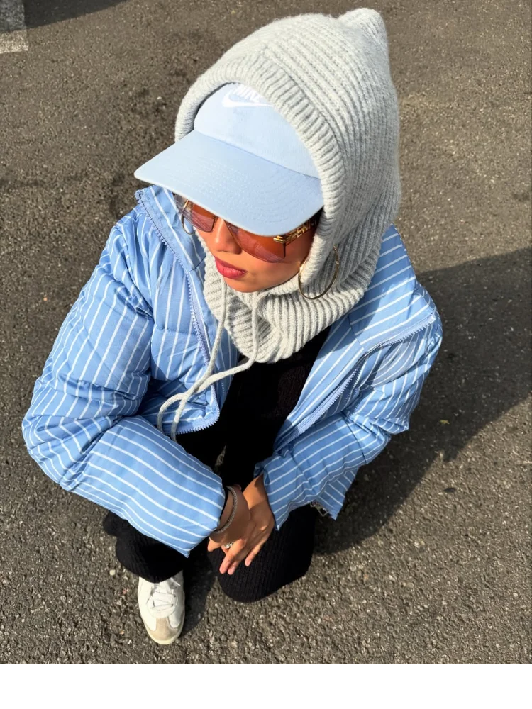 

Women Turtleneck Blue Striped Cotton Jacket Casual Zipper Pocket Loose Short Warm Coat Women Winter Commute Office Coats