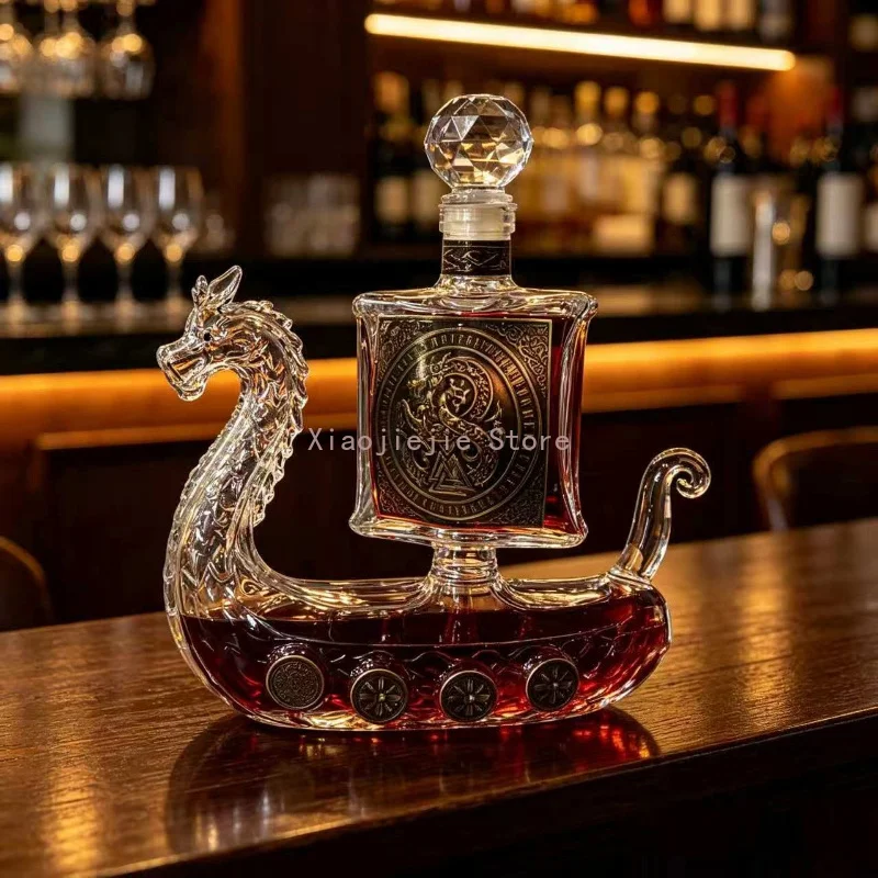 Stylish Dragon Ship Shaped Glass Wine Decanter, Lead Free Liquor Vessel for Whiskey Red Wine Bar Decoration