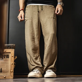 Maden Men's Vintage Chino Pants Lightweight Linen-Blend Trousers with Elastic Waist Casual Khaki Baker Pants for Summer and Fall