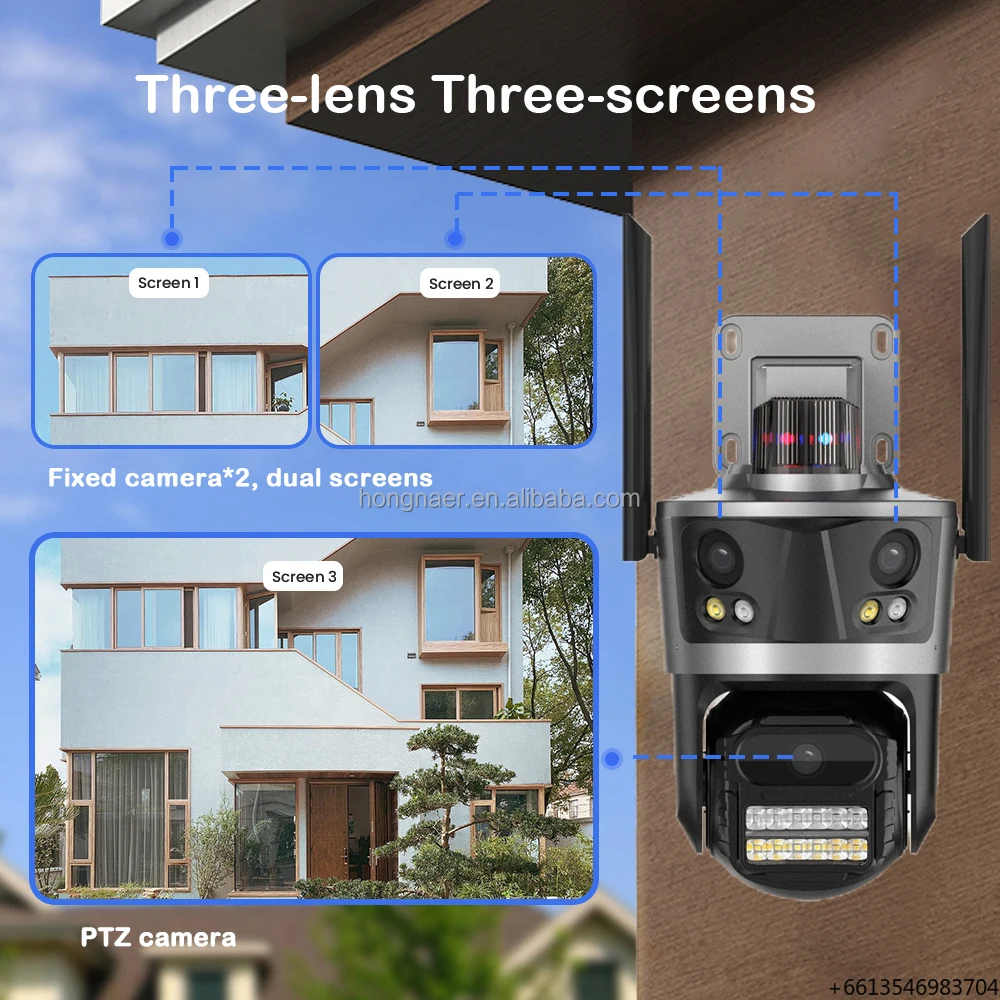 Hongnaer 3/9MP Outdoor Wireless 360 Surveillance PTZ IP Camera ICSee Monitor Smart Home 3 Lens WiFi Security CCTV Network Camera