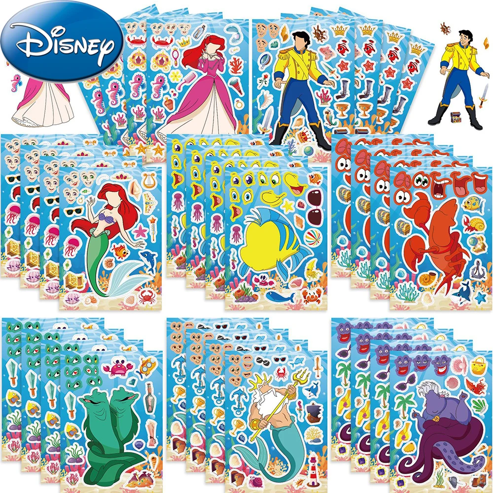 8/16 Vellen Disney De Kleine Zeemeermin Cartoon Puzzel Stickers Maken Een Gezicht Kinderen Diy Grappig Assembleren Puzzel Decals Kids Speelgoed Cadeau