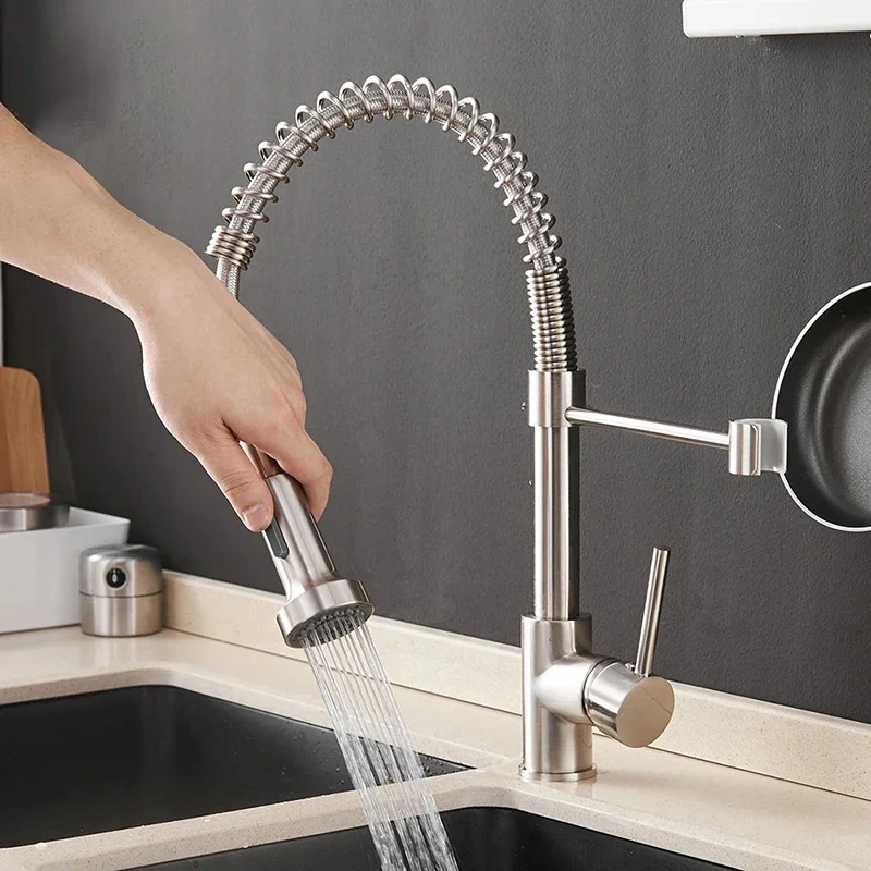 Matte Black Pull Down Kitchen Faucet Chrome Dual Modes Nozzle Hot Cold Water Mixer Crane Tap Brass Spring Kitchen Sink Faucets