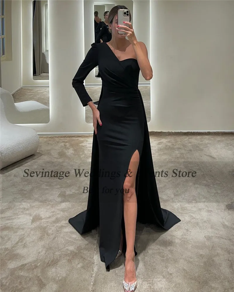 Sevintage Dark Green Saudi Arabic Prom Dresses One Shoulder Women Formal Evening Dress Side Side Split Spaghetti Outfits 2023