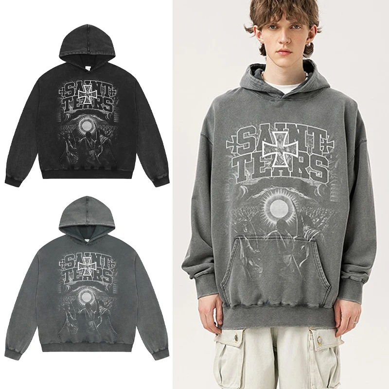 2024fw Autumn And Winter New Saint Pullovers Washed Black Grey Men Woman Long Sleeve Pullover Hoodies