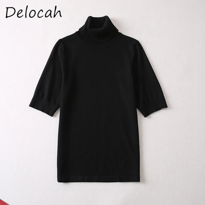 Deloach Spring/Summer New Women's High Collar Five Sleeve Knitted Top Medium Long Lace Composite Satin Small A-line Skirt Set