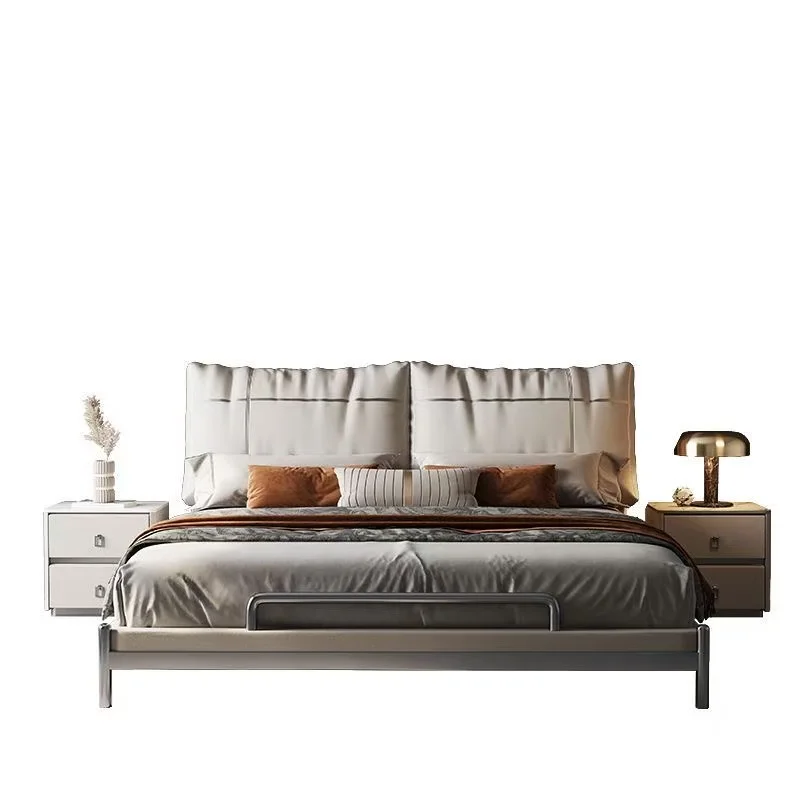 *Modern Light Luxury Line Stitching Leather Bed Metal Bed Frame Double High Soft Headboard Master Bedroom Furniture