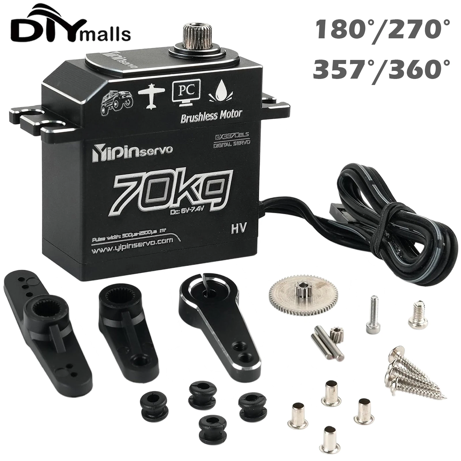 

Yipinservo 70kg Digital Brushless Servo Motor Waterproof 180 Degree Full Metal Gear For RC 1/10 1/8 Traxxas TRX4 Axial SCX10 Car