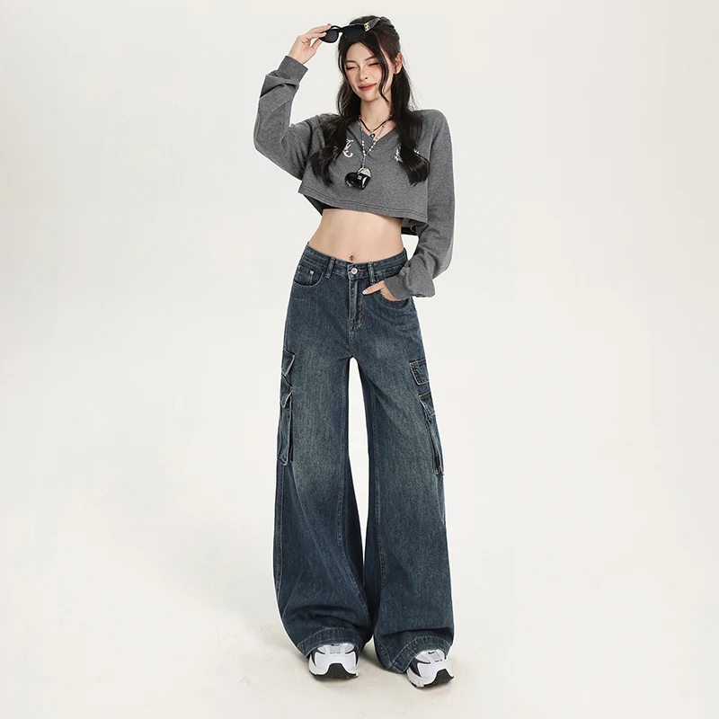 

Vintage Blue Washed Workwear Jeans for Women, New American Retro High-Waisted Straight Wide-Leg Pants