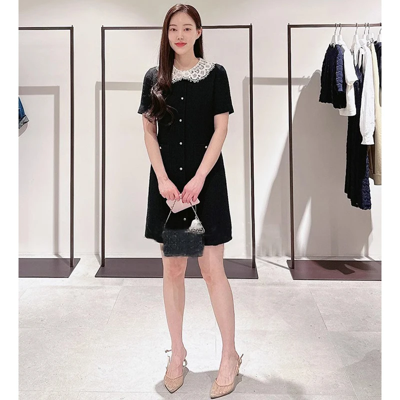 

Elegant MICOAT Spring Summer Short Sleeve Lace Collar Detachable Coarse Weave Slimming Dress Commute Style A-Line Midi Dress