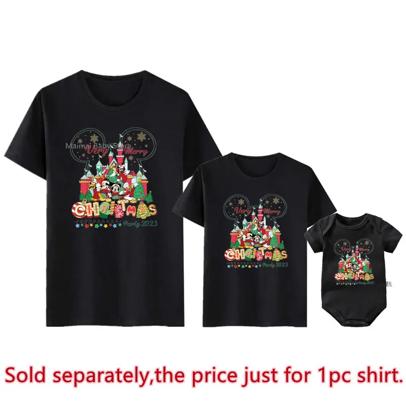 Very Merry Christmas Party 2023 Family Matching Shirts Cute Mickey Minnie Mouse and Friends Print Disney Xmas Trip Outfits