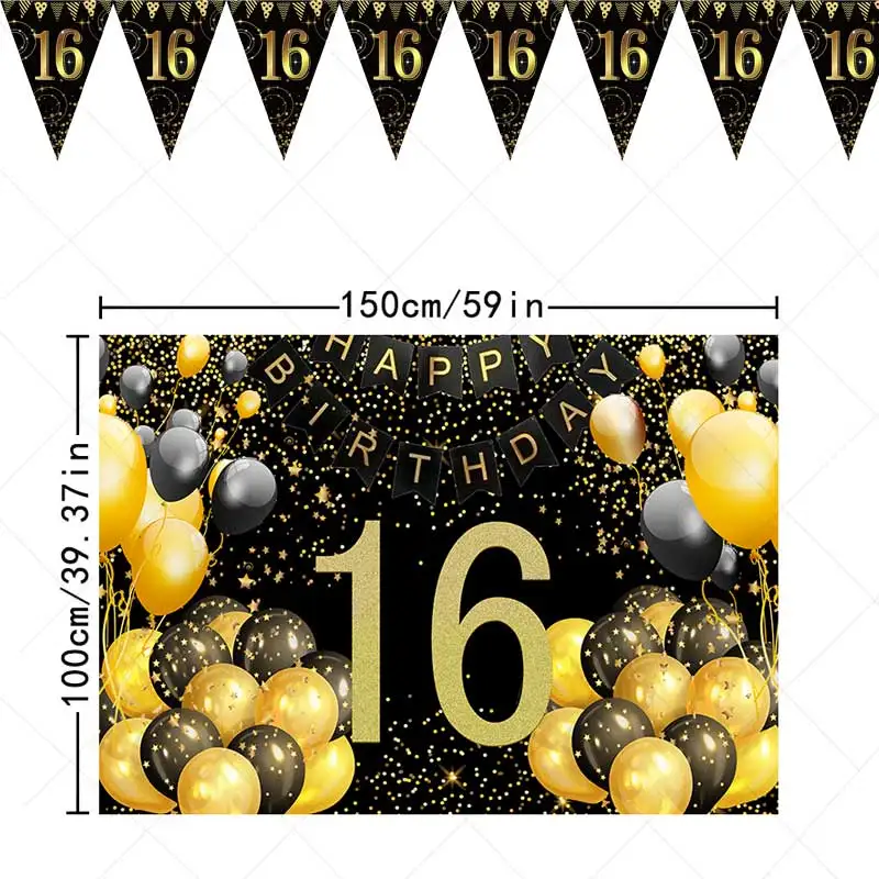 

1set Black Gold Banner 16 18 40 60 70 80 Year Backdrop Birthday Party Pennant Flags Decoration Supplies Backpack Home Decor