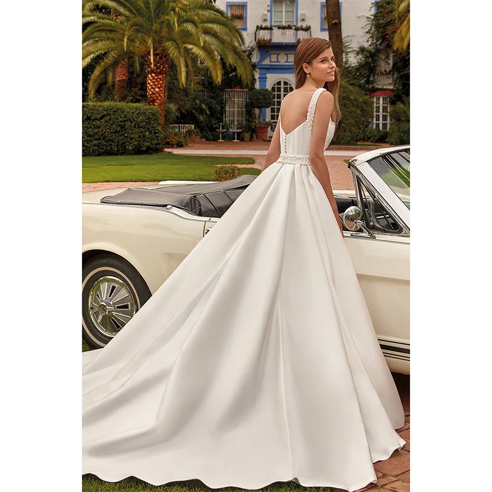 Modern Wedding Dress for Woman Bride Customized Square Neck Sleeveless Beading Pearls A Line Sweep Train Bridal Gown