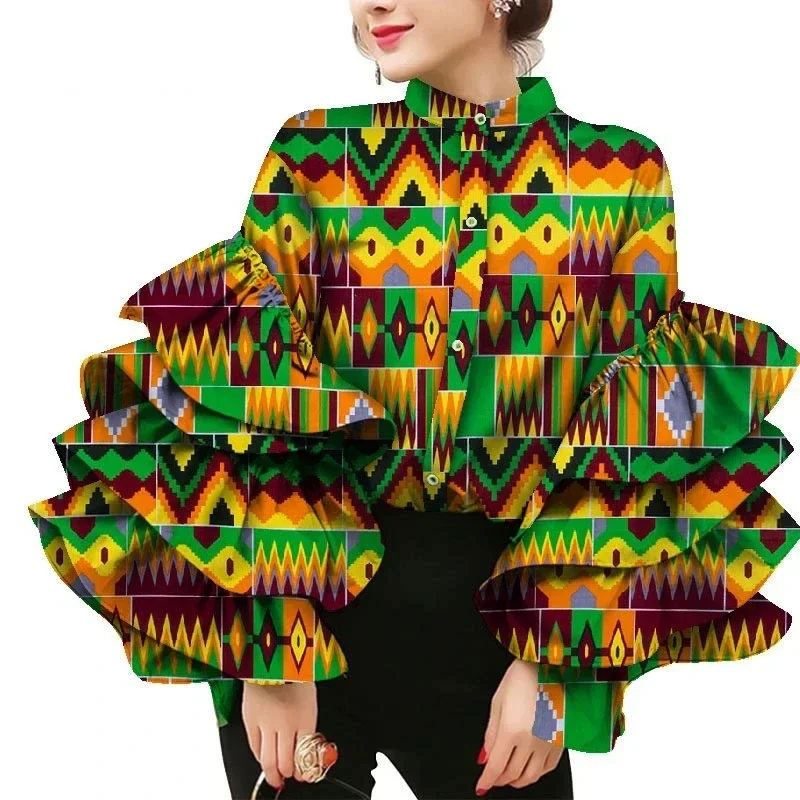 African Dress Shirt Stand Collar Layers Flare Sleeve Blouses for Women Wax Print Cotton Top Plus Size Lady Clothes Party WY8635