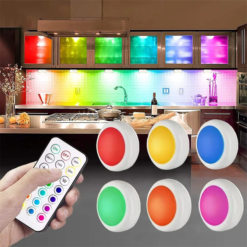 RGB LED Under Cabinet Lights With Remote Control Battery Powered Wireless Dimmable Night Lamp LED Lights Kitchen Closet Counter