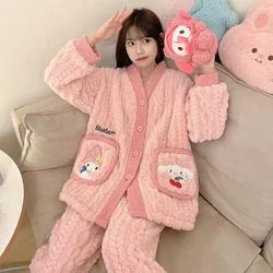 Kawaii Sanrios Melody Kuromi Women's Pajamas Set Hello Kitty Winter Anime Cartoon Flannel Thicken Nightwear Homewear Tops Pants