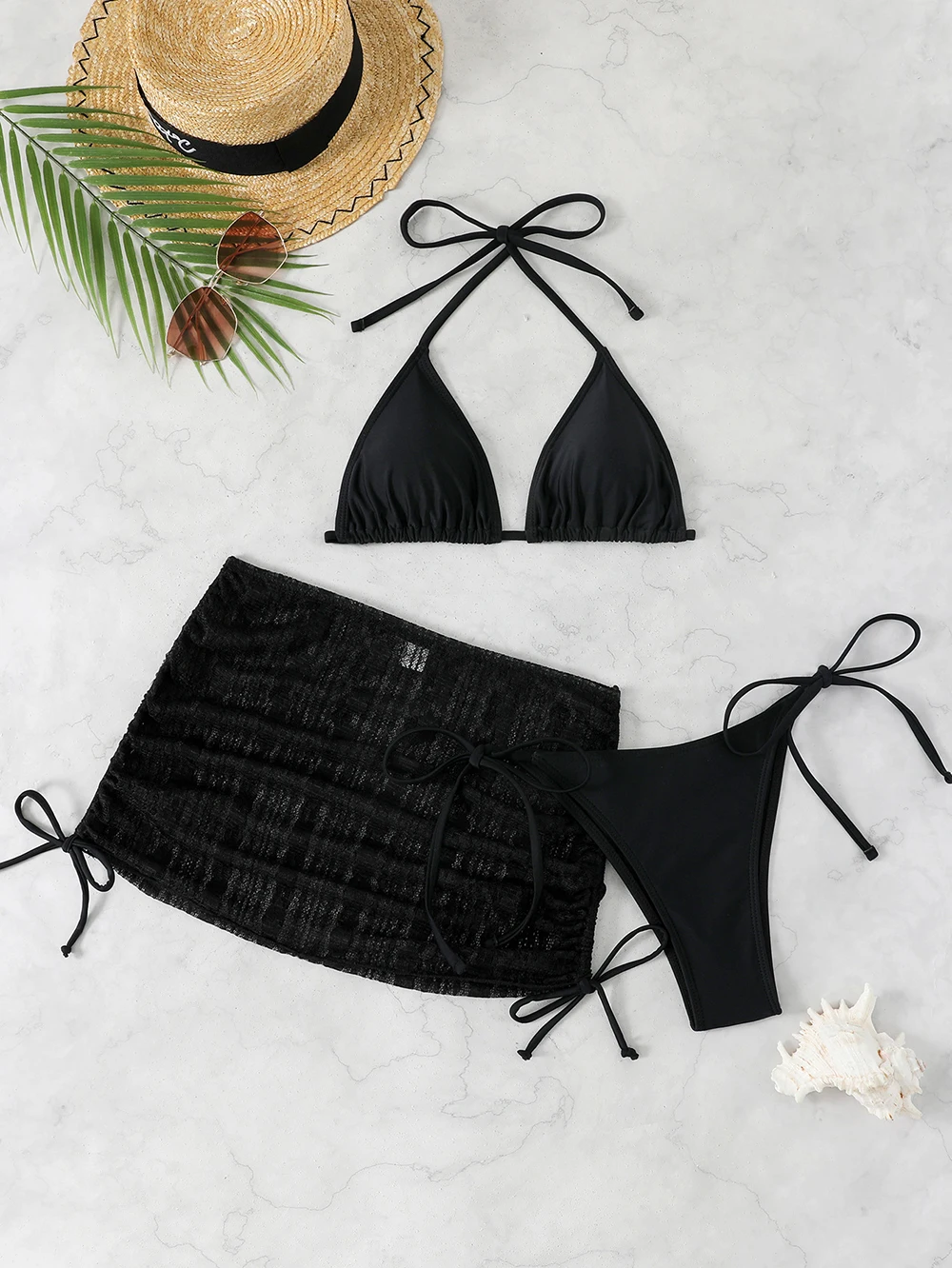 Sexy Solid 3 piece Bikini Set Women's Halter Lace Up Low Waist Swimsuit Triangle Thong Tie On Side Swimwear Brazilian Biquinis