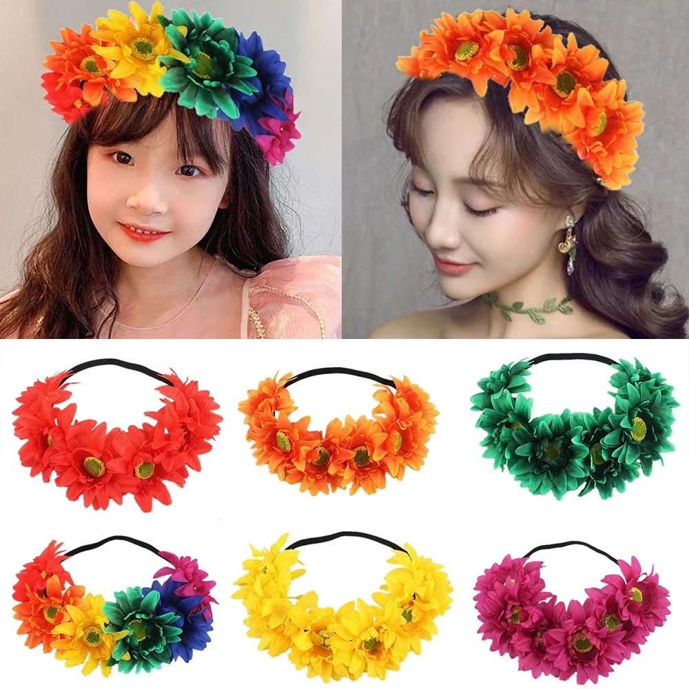 Strand Sonnenblume elastisches Haarband Böhmen Mode Haarband handgemachte Kunstblume Frauen Kranz Regenbogen Farbe romantisches Stirnband – Detail 2
