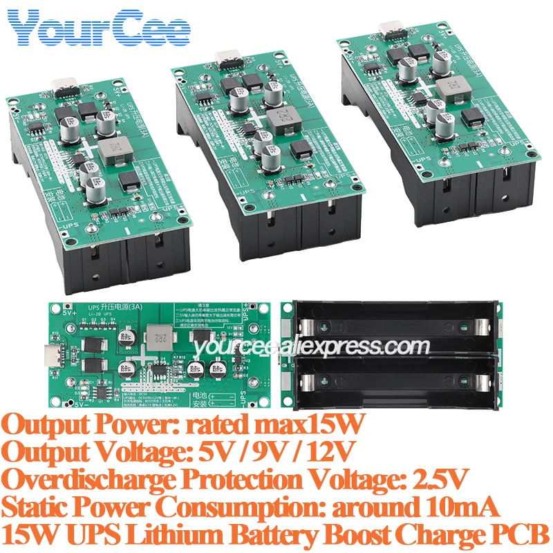15W 3A UPS 18650 Lithium Battery Boost Step Up Charging Board 5V 9V 12V UPS Uninterruptible Power Supply Module While Charging