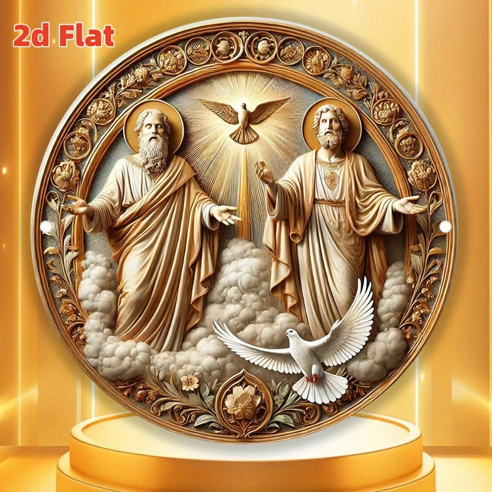 Holy Trinity Two Saints Dove Cloud Relief Round Metal Sign 2D Flat Spiritual Church Home Wall Decor Gift