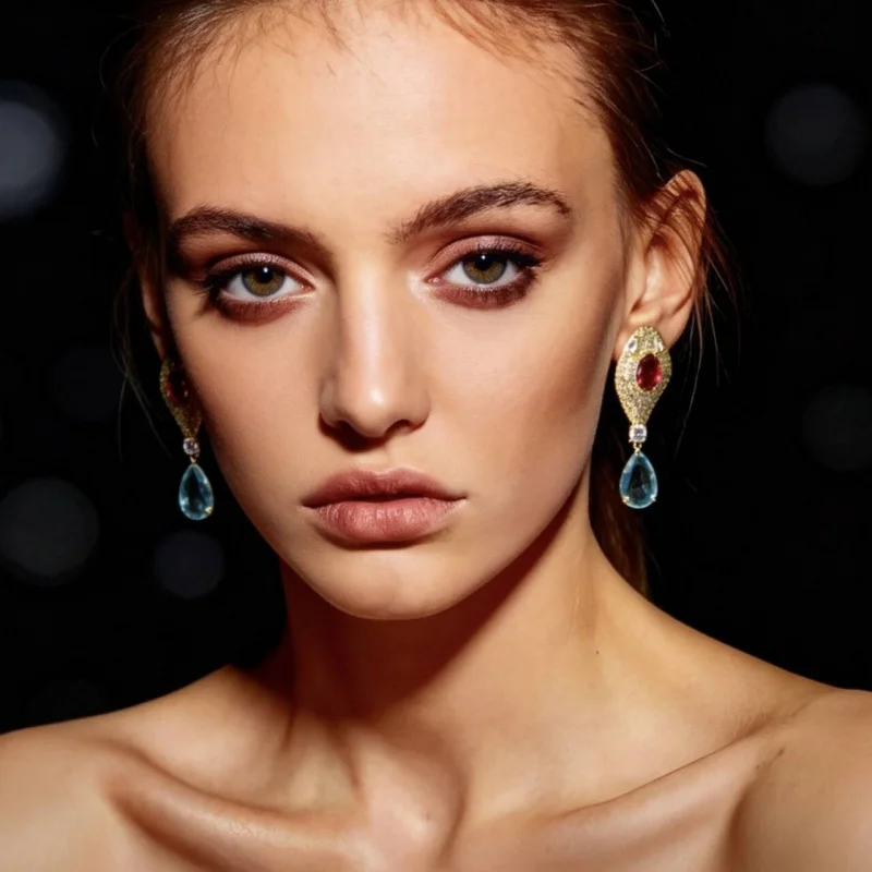 Statement Red Center Stone Drop Earrings with Clear CZ and Light Blue Teardrop snake earrings fashion jewelry