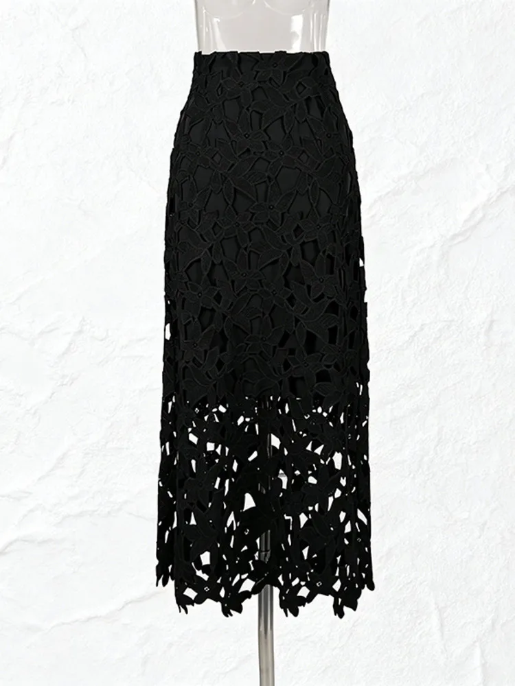 ONEXWEN Luxury Heavy Craft Lace Skirt Women Elegant Hollow Out Embroidery Flower Long Skirts High Waist Chic 2026 ZM5243