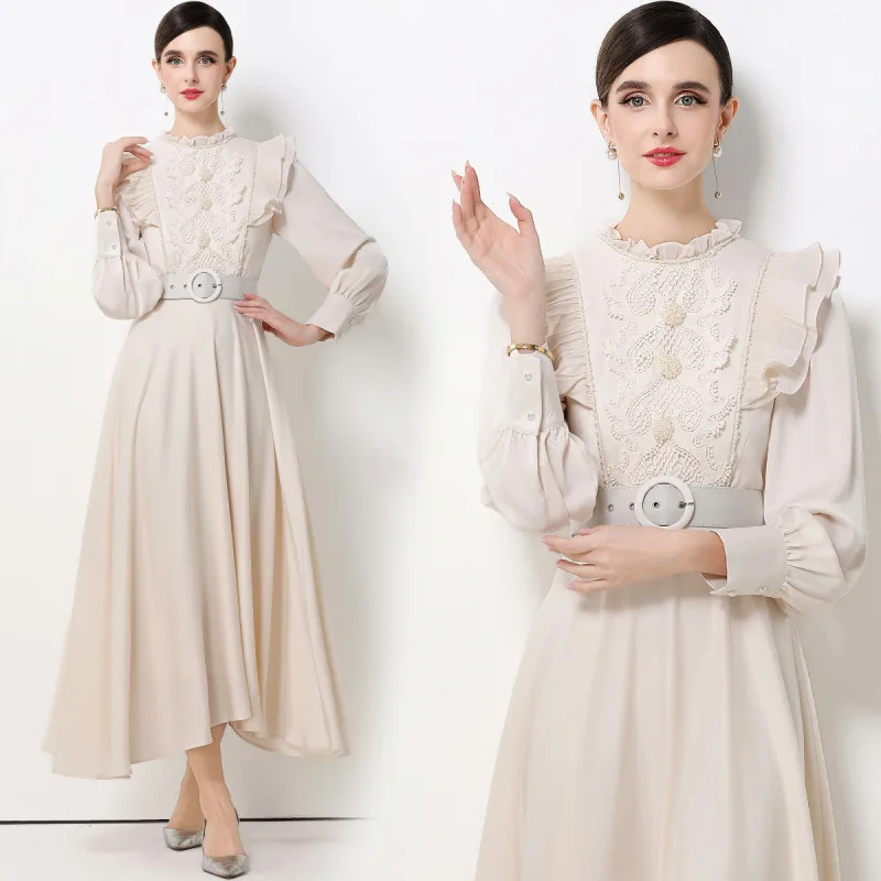 Ele Vintage Long Sve Maxi Dr Stand Collar Gathered Waist Floor Length Gown Floral Lace Hemline High Waist Velvet Fa...