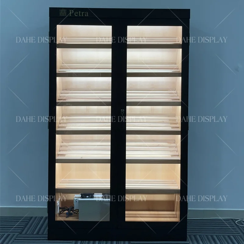 custom.Ceder Wood Cigar Room Humidifier Double Door Cigar Shop Display Showcase Humidor Cabinet with Light Luxury Cigar Humidor