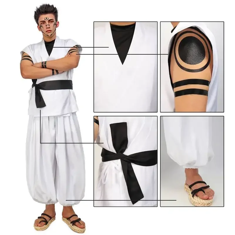 WENAM Costume cosplay Ryomen Sukuna da uomo taglia USA Abito Kung Fu bianco con adesivi per tatuaggi per abiti Comic Con di Halloween