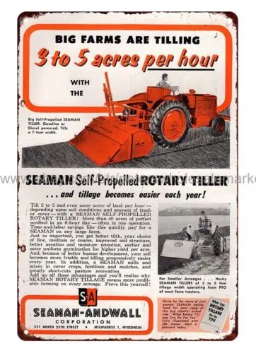 living room art decor 1956 Seaman Andwall Rotary Tiller Tractor metal tin sign