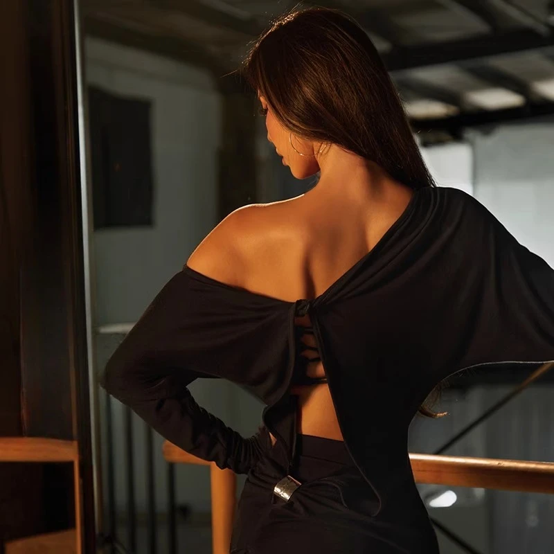 

UK Latin Dance Dress for Women, Off-Shoulder with Flared Sleeves, Flattering Practice Wear Ballroom dance costumes