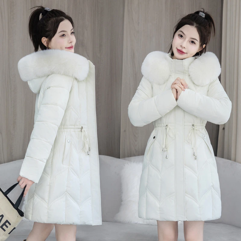 2024 Women\'s Down Parkas Winter Jacket Big Fur Collar Thick Slim Coat Fashion Hooded Cotton Outerwear Long Winter Woman Coat