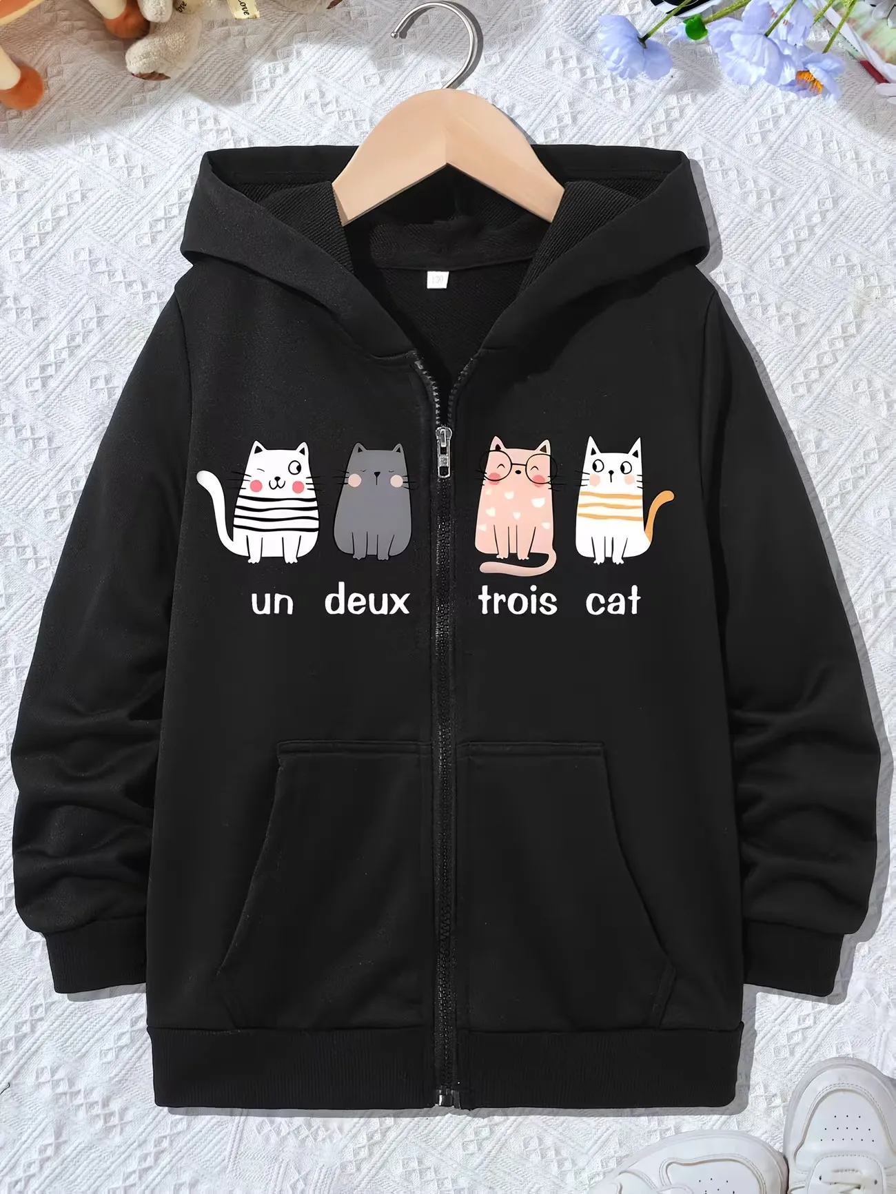 Kawaii Cat Print Casual Hoodie Jacket for Boys Girls Zipper Warm Fleece Trendy Cartoon Sweatshirts Zip Up Winter Autumn