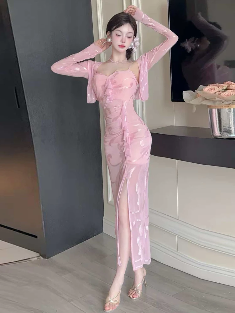 

Сексуальное длинное облегающее платье с разрезом Dr, комплект из двух предметов, женское осеннее модное повседневное све, длинное сексуальное платье для женщин