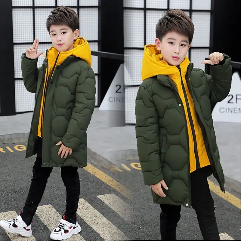 Children\'s down jacket new winter boys\' and girls\' Plush warm medium length jacket hooded large wool collar cotton padded jacket