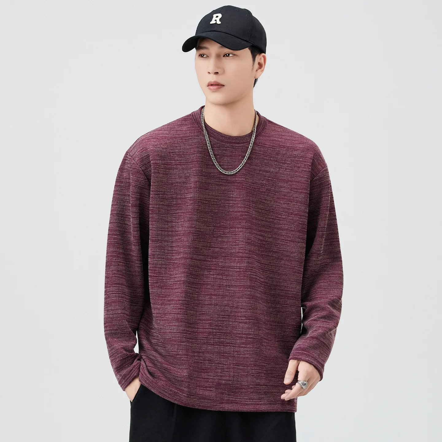 

Men's Heavyweight Fall Winter round Neck Overhead T-Shirt Micro Loose Shoulder Drop Inner Wearable Casual Comfortable Top