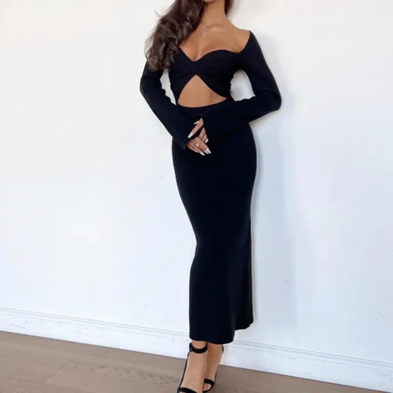 2025 솔리드 컬러 긴팔, 폼 피팅, 투피스 니트, 컷 아웃, 여성용 섹시한 깊은 V 넥 원피스