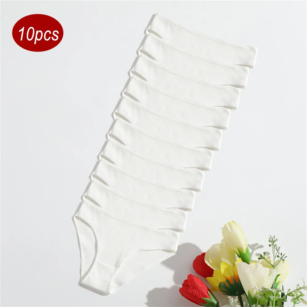 10Pcs Women's White/Black Threaded Cotton Panties Low Waist Hip Lift Sports Ladies Solid Briefs Brea